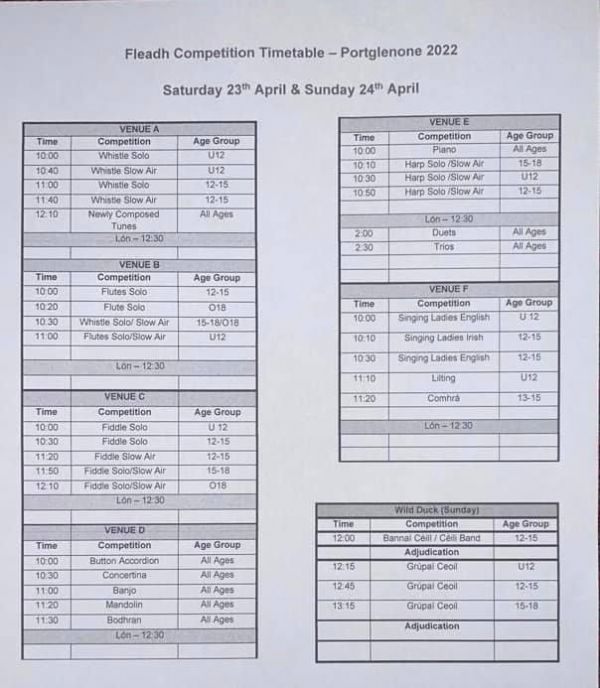 Fleadh Competition Timetable 2022